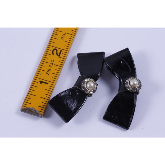 Black Bow, Pair, White Pearls, Leather, Button Clips, Victoiran, Collar Clips - Picture 3 of 3
